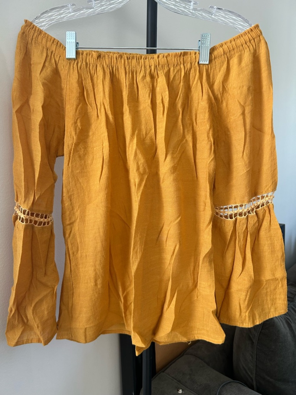 Off-Shoulder Bell Sleeve Blouse in Mustard Yellow